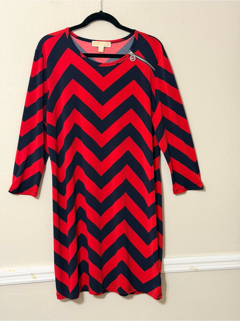 Michael Kors Red and Black Chevron Long Sleeve Shift Dress with Zip Accent